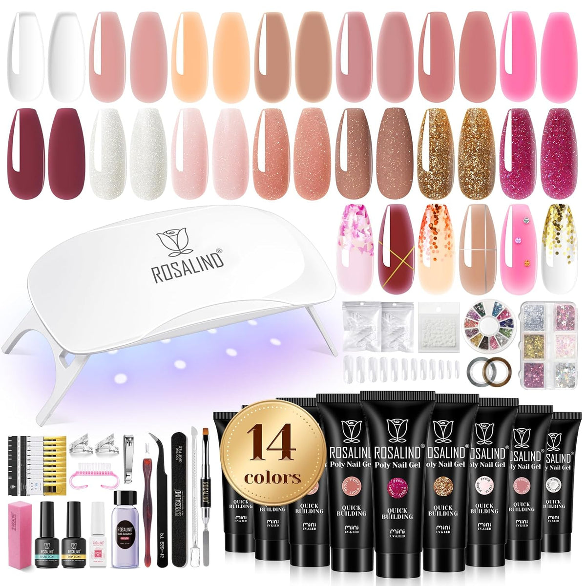 ROSALIND Poly Nail Gel Colors Kit -14 Colors +72 Nail Art Accessories kit Glitter Poly Nails Gel