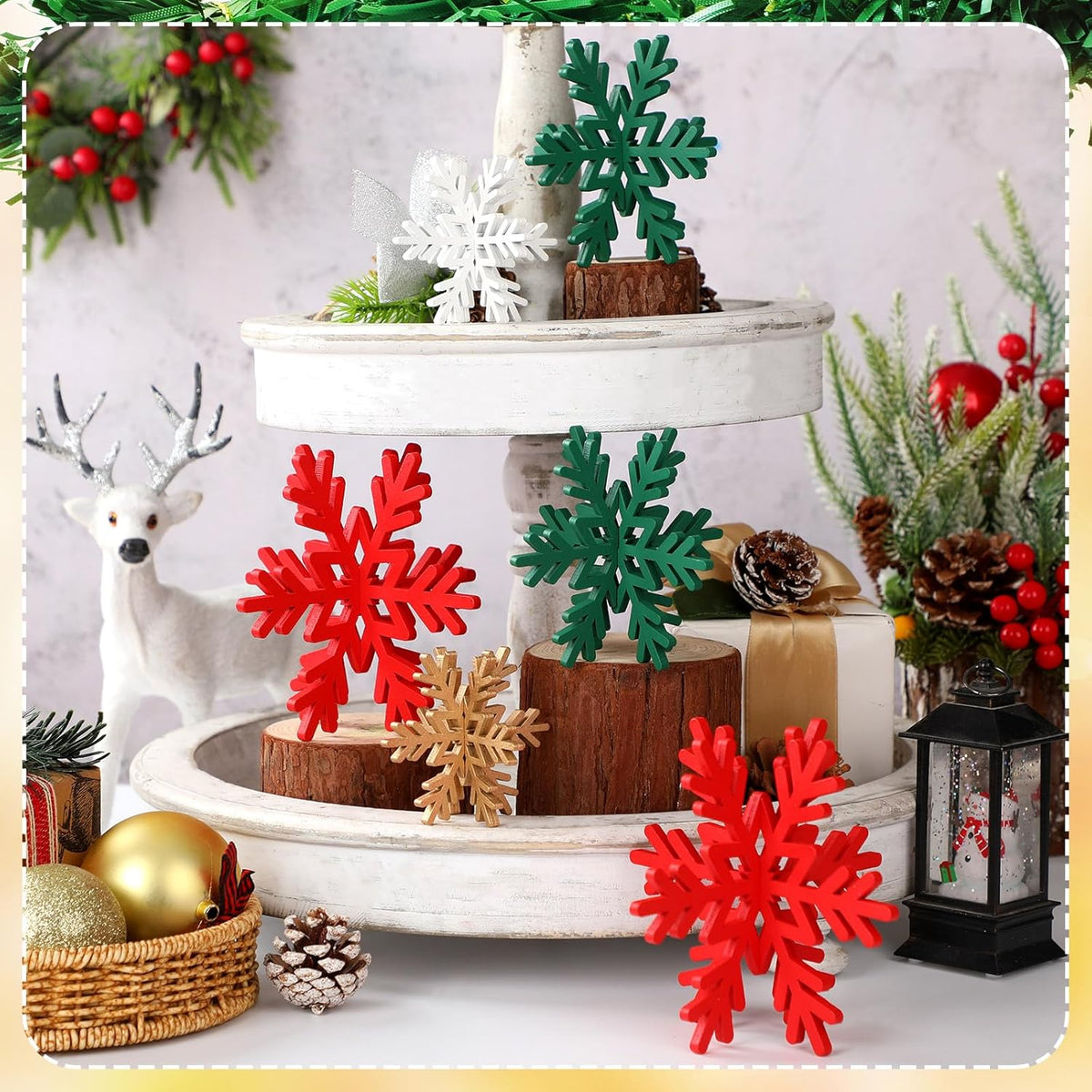 Bucherry 12 Pcs Wooden Snowflake Table Decor 3D Snowflake Tabletop Signs and Centerpiece for