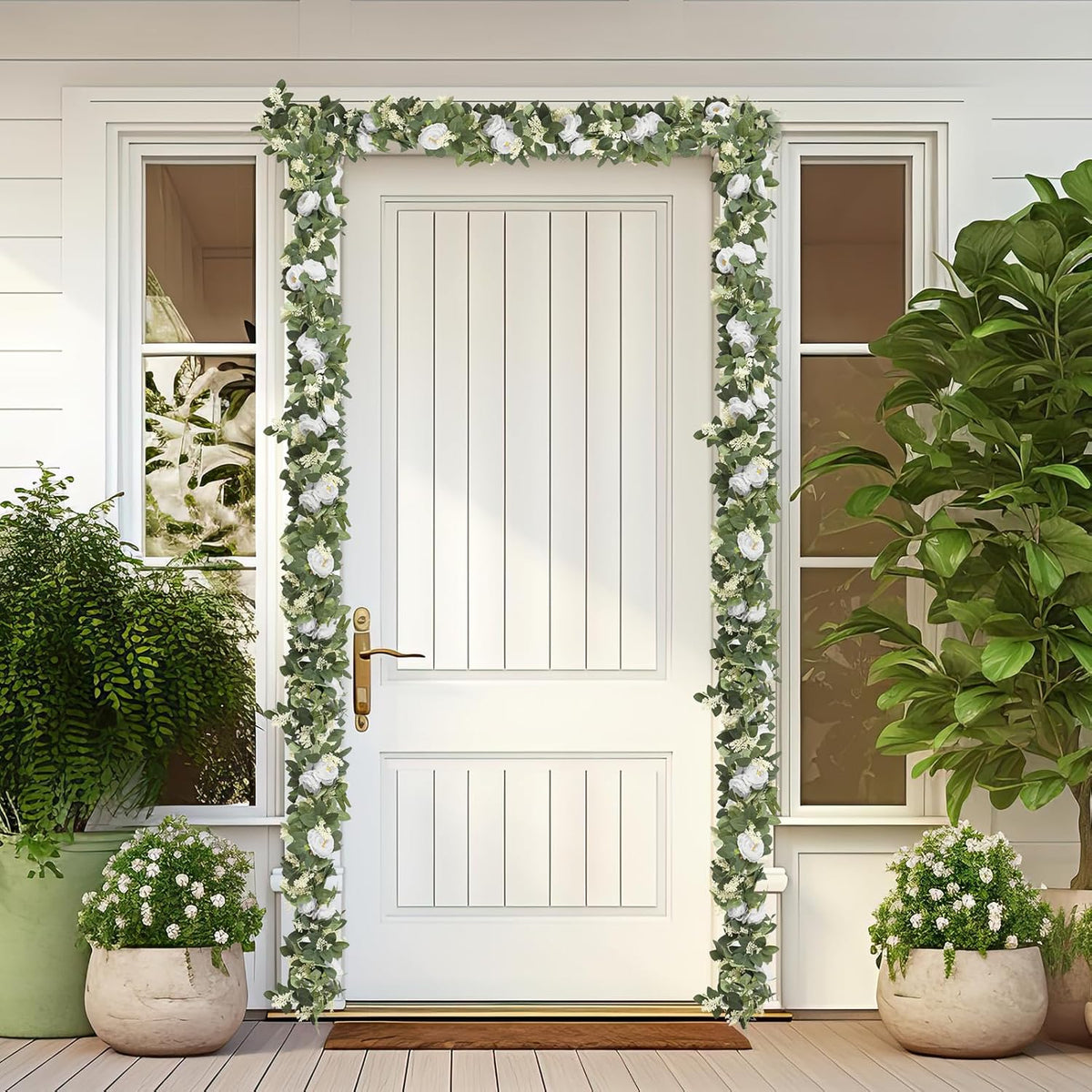 MAKHOT 2Pack White 6.6Ft Artificial Eucalyptus Garland with Flowers, Fake Rose Gypsophila Vine Rose