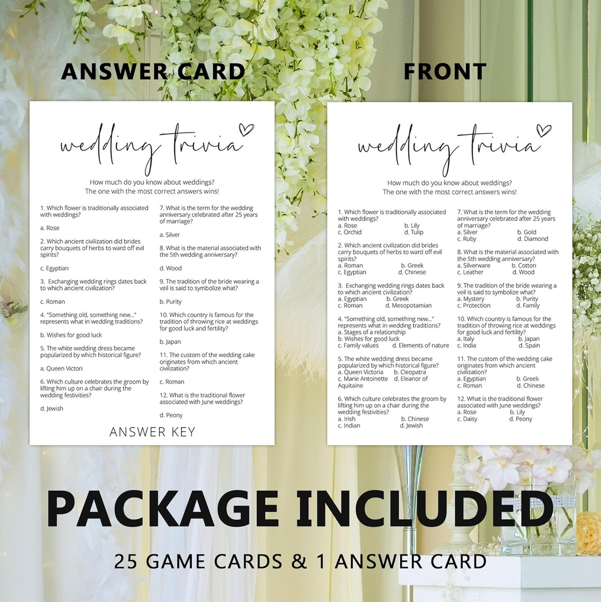 Bridal Shower Games, Wedding Trivia, 25Pcs Minimalist White Double-Sided Bridal Game Cards with 1