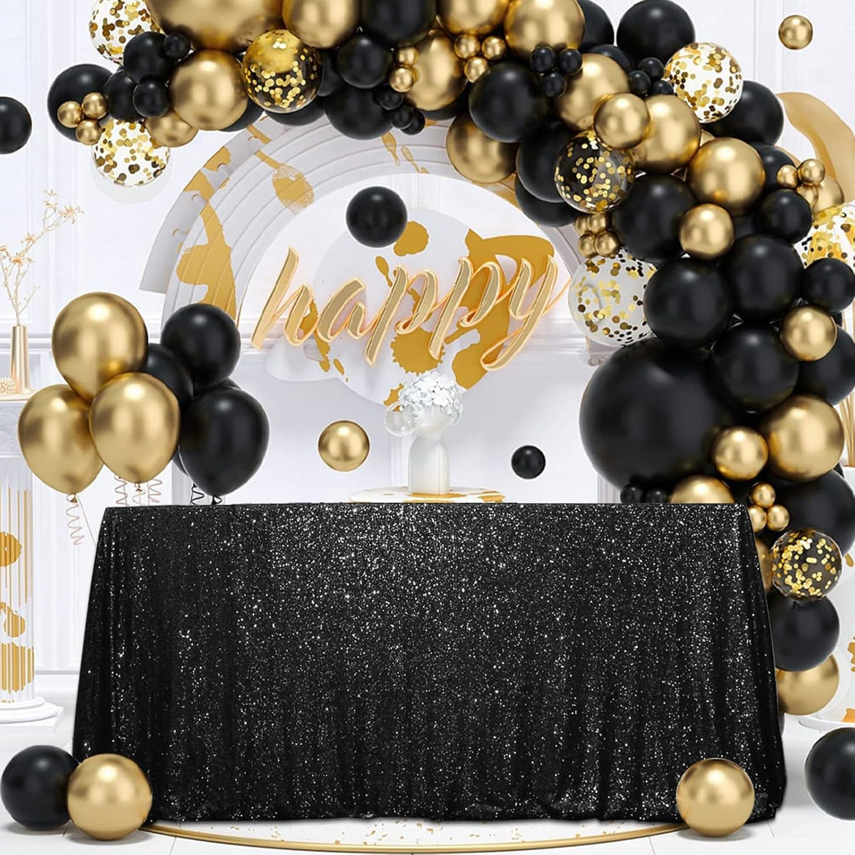 SquarePie Sequin Tablecloth 60 x 102 Inch Black Sparkly Table Cloth for Halloween Wedding Party