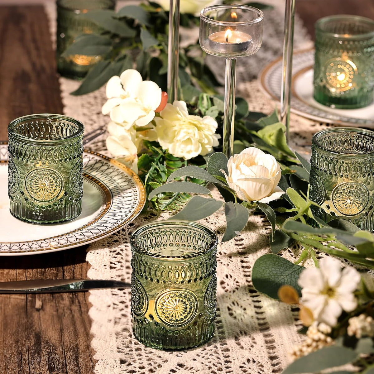 DARJEN Green Votive Candle Holders Set of 36- Glass Candle Holders Bulk for Flameless LED Tea