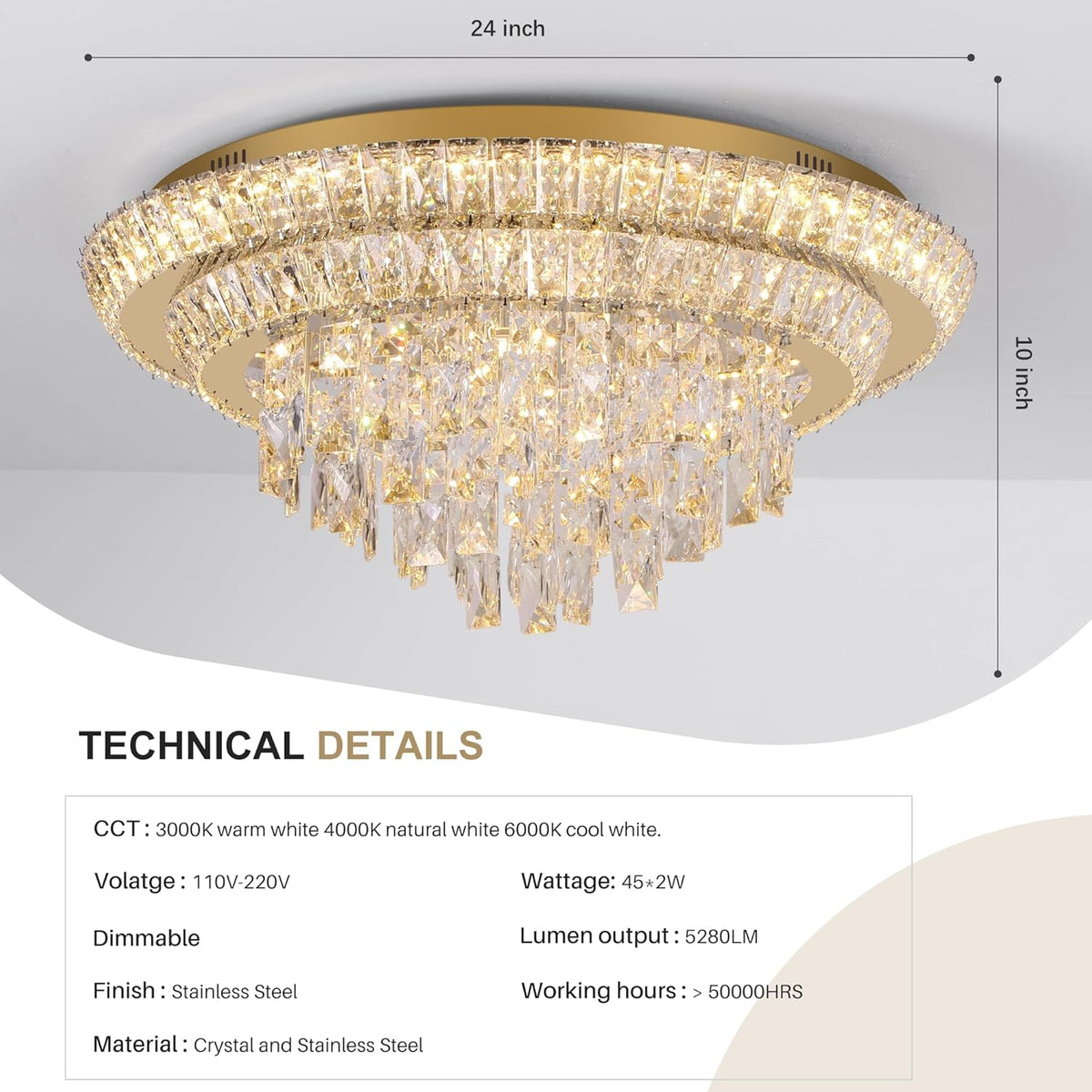 24 inch Crystal Gold Ceiling-Light Flush Mount with Remote Control and APP, 3CCT Dimmable &