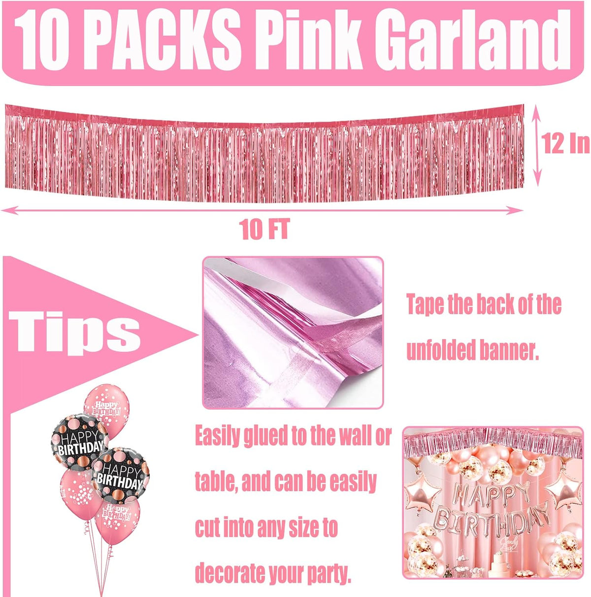 10 Pack 10 Feet Pink Foil Fringe Garland Metallic Tinsel Streamers Banner Wall Hanging Curtain