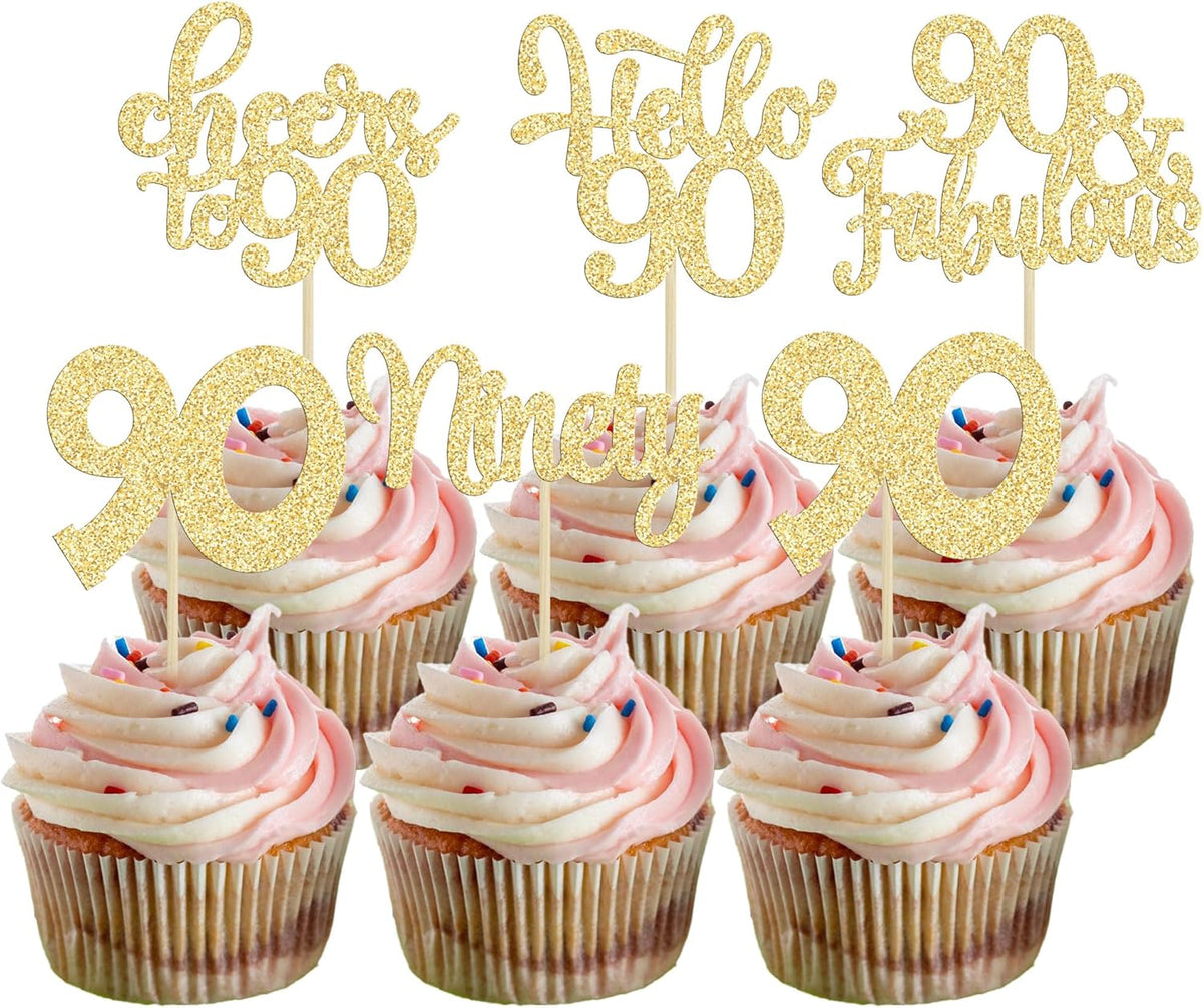 30pcs Happy 90th Birthday Cupcake Toppers - Gold Glitter Ninety Cheers to 90 Years Old Cupcake