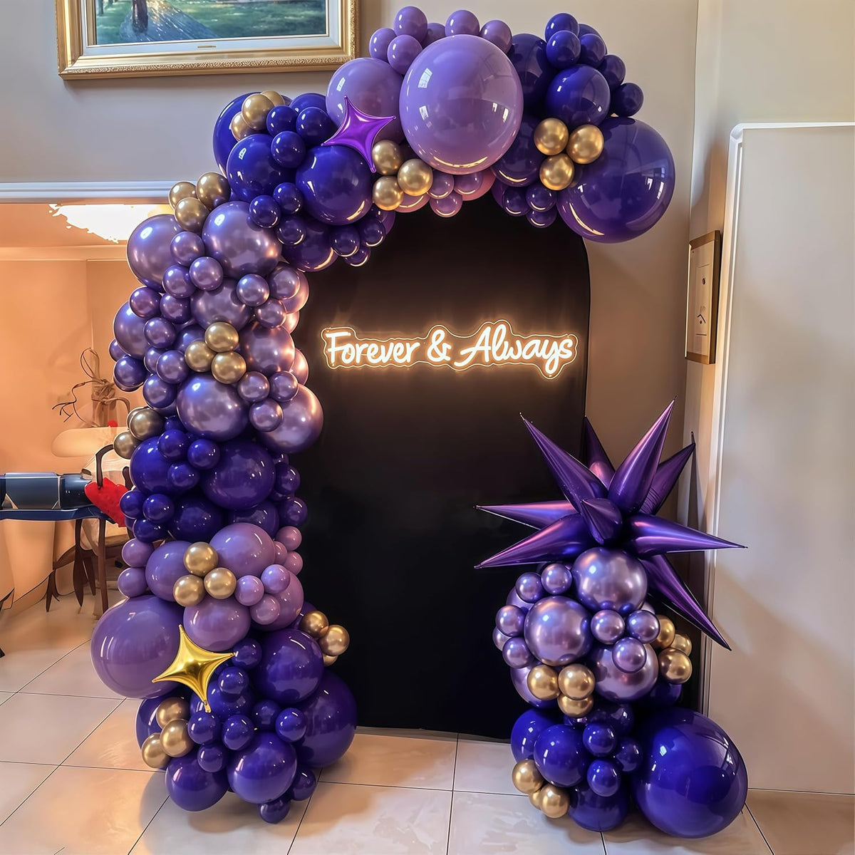 Purple Balloon Arch Kit 110Pcs Purple and Gold Balloons Garland Kit with Explosion Star Balloons