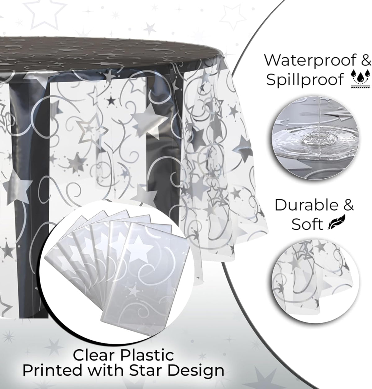 Exquisite Clear Silver Star Tablecloth Plastic 12-Pack Disposable Round Tablecloths 84" Silver Star