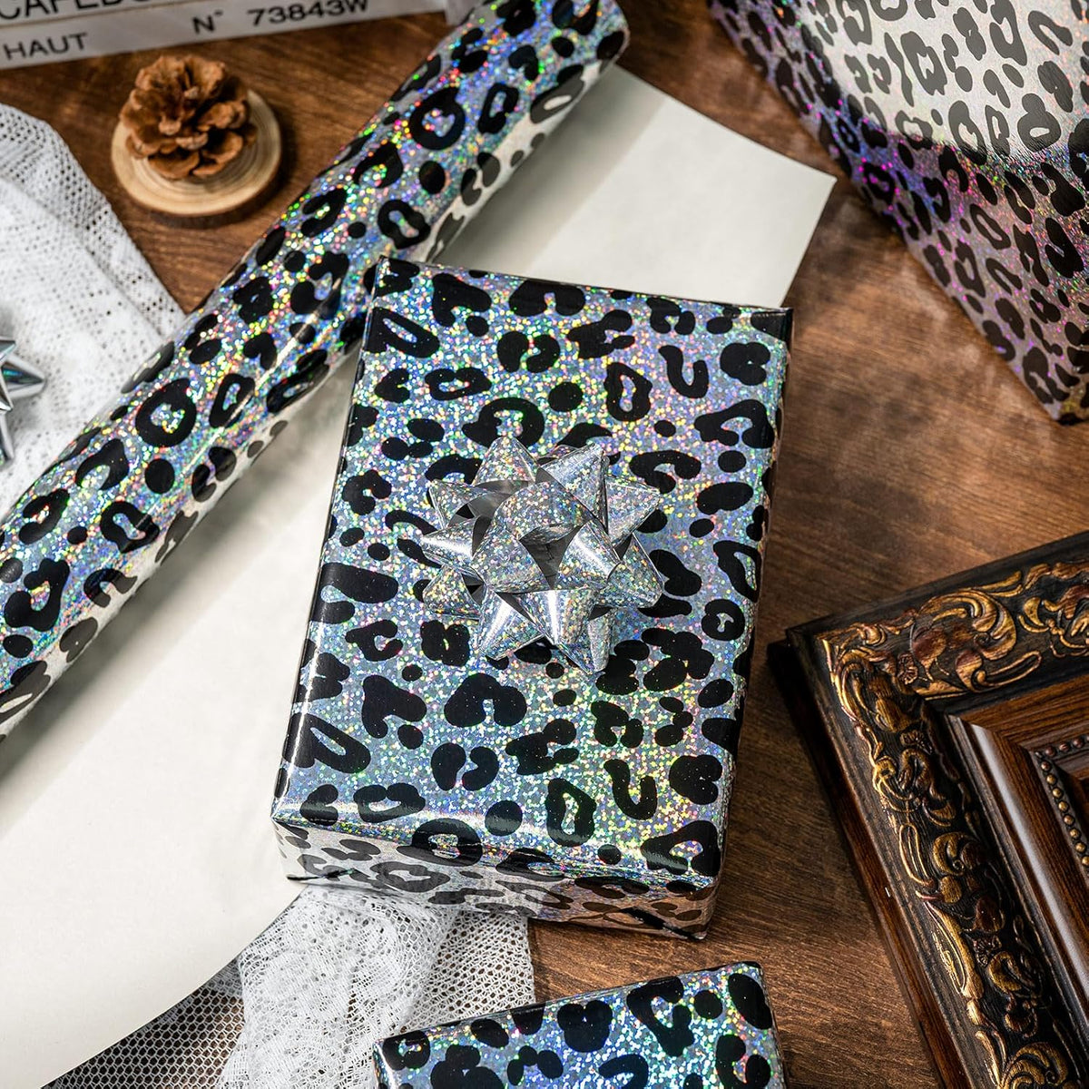 Yarcony Leopard Wrapping Paper Roll, Bold Animals Prints Wrapping Paper, Glitter Black White