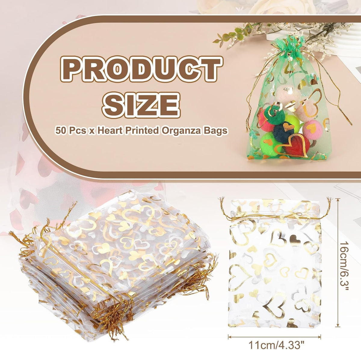 PATIKIL 50 Pcs 4x6 Inch Heart Printed Organza Bags, Gold Silver Sheer Heart Organza Bags with