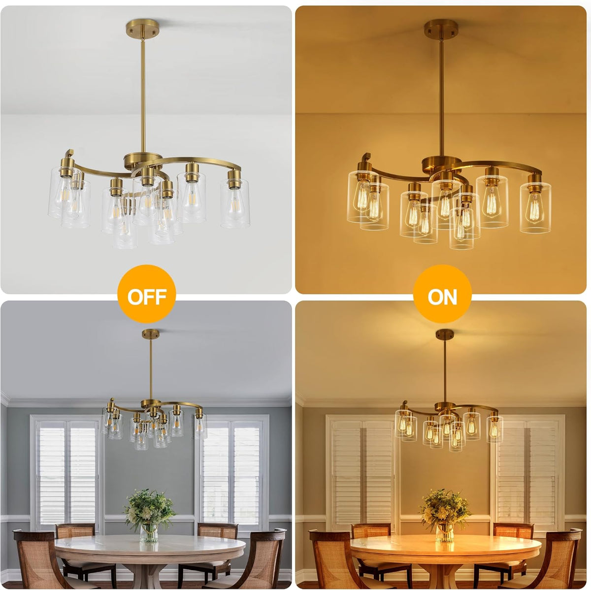 9-Light Gold Glass Chandelier, Adjustable Height Dining Room Light Fixtures Over Table