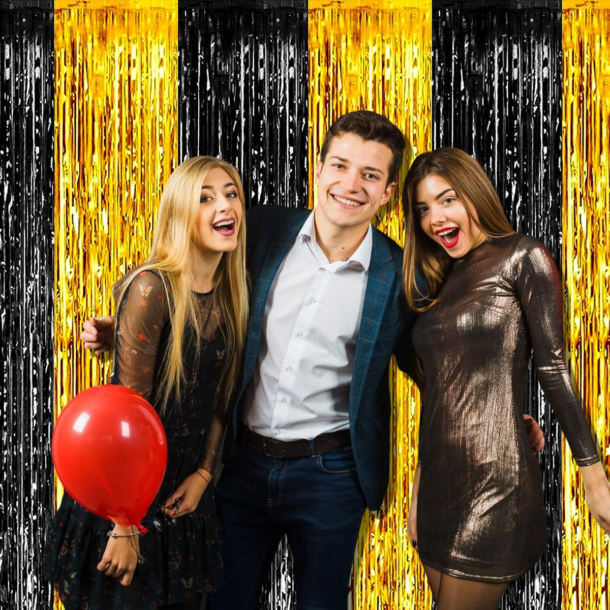 4 Pack Black Gold Foil Fringe Curtain Backdrop, 3.28Ft x 8.2Ft Metallic Tinsel Foil Fringe
