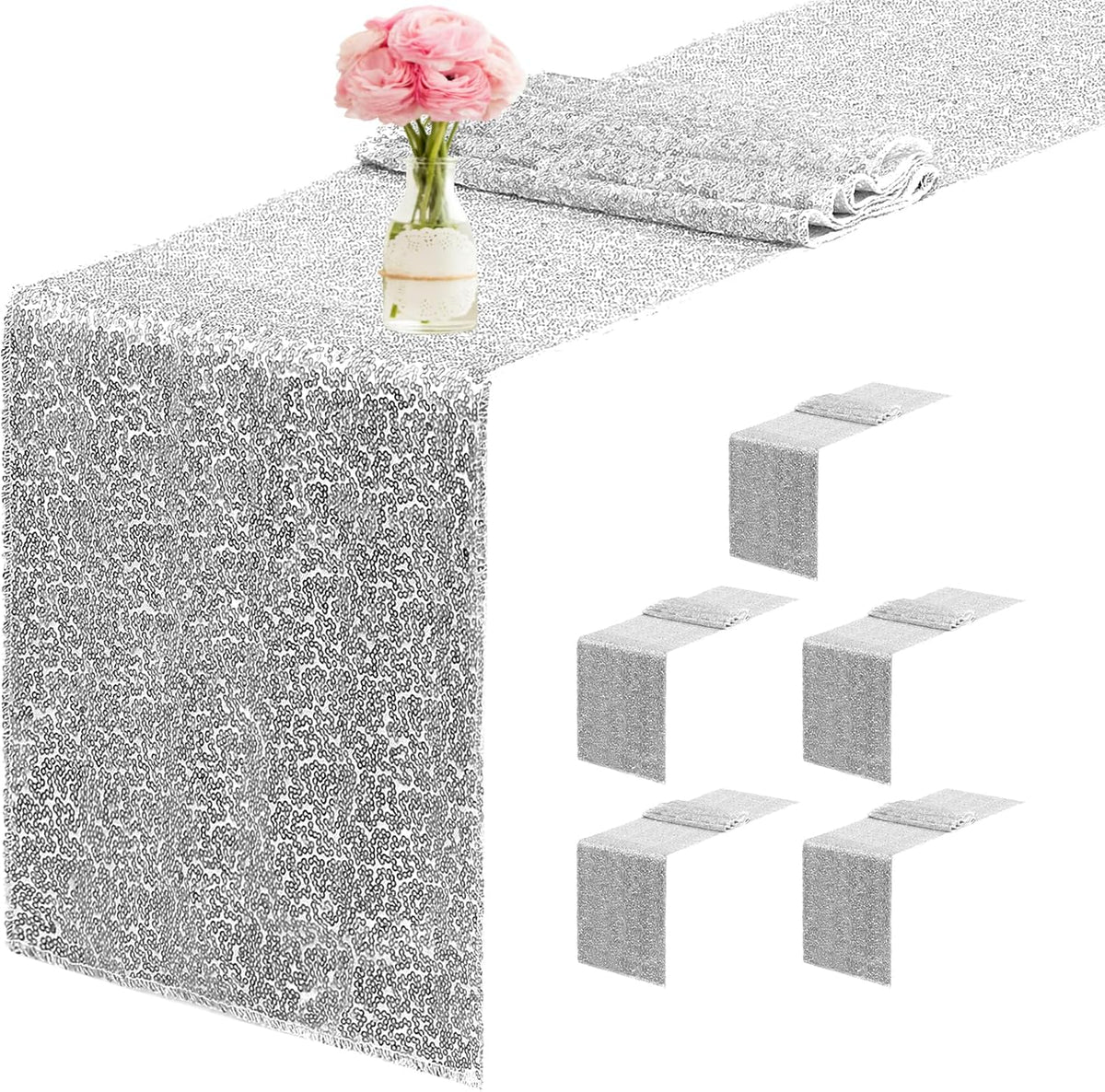 6 Packs 12 x 72 inches Sequin Table Runner, Silver Glitter Table Runner for Birthday Party Supplies