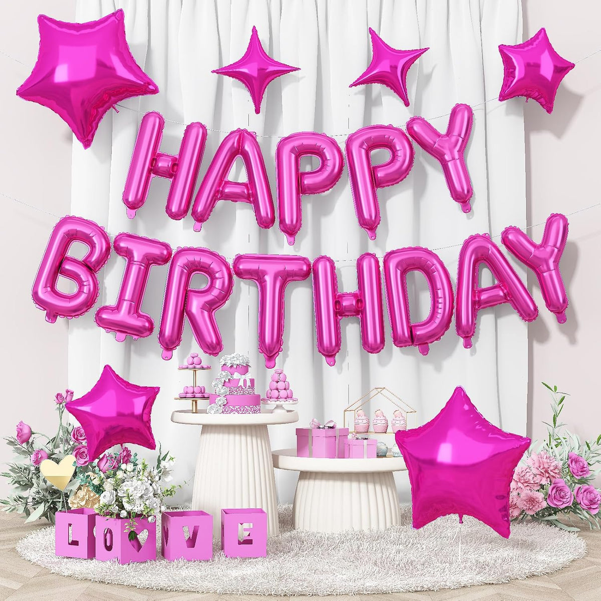 Happy Birthday Balloon Banner Hot Pink, 16 Inch Mylar Foil Letter Balloons, Reusable Birthday