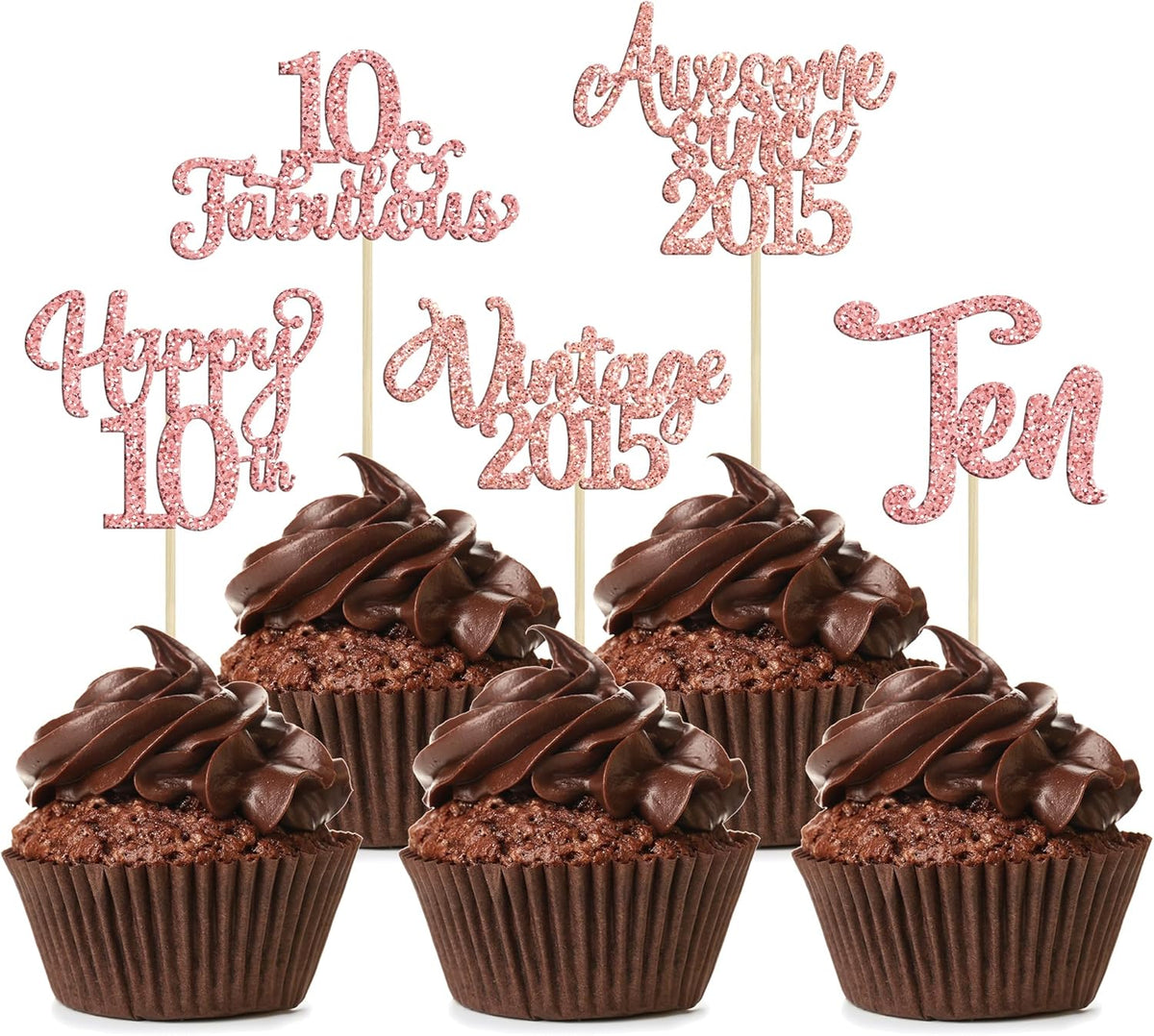 30Pcs Vintage 2015 Cupcake Toppers Glitter Ten 10 Fabulous Happy 10th Birthday Cupcake Picks Cheers