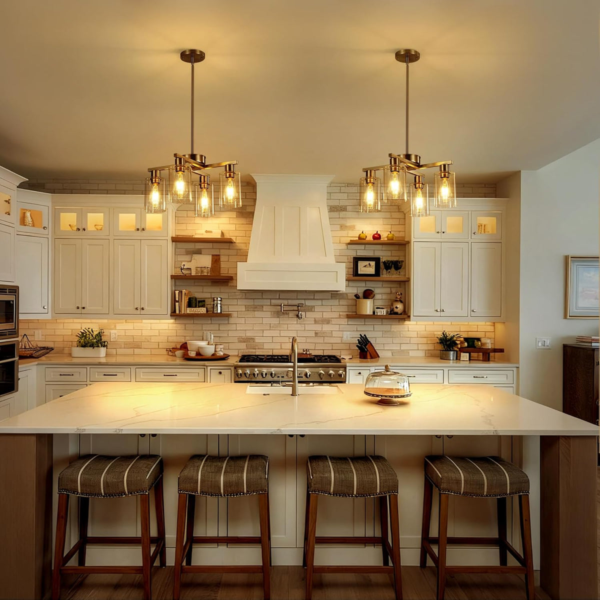 4-Light Modern Farmhouse Brushed Nickel Chandelier, Dining Room Light Fixture Over Table Adjustable