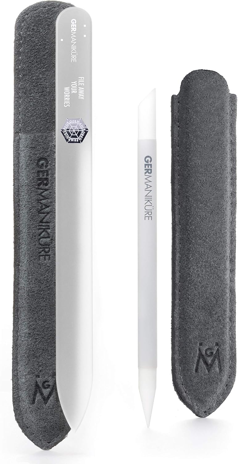 GERMANIKURE 2 Pc Glass Bundle - Crystal Glass Cuticle Stick & File Away Your Worries Nail File in