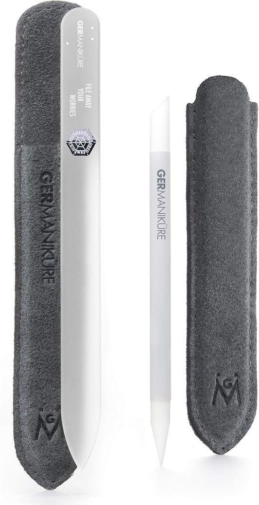 GERMANIKURE 2 Pc Glass Bundle - Crystal Glass Cuticle Stick & File Away Your Worries Nail File in