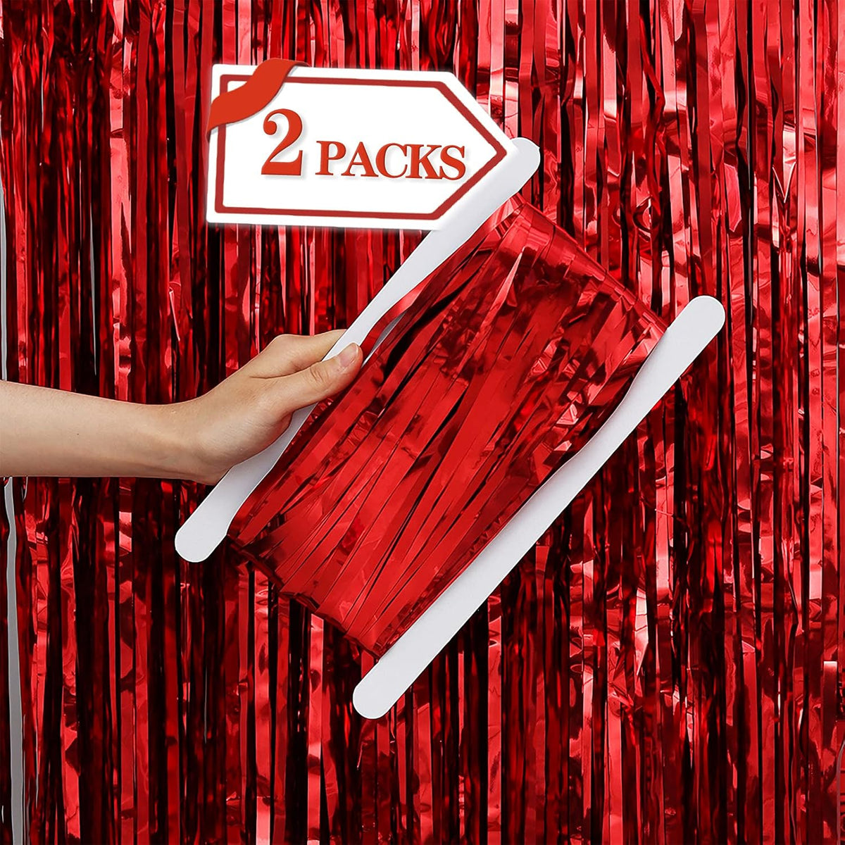 2 Pcs Red Metallic Tinsel Foil Fringe Curtains Backdrop, 3.28 ft x 6.56 ft Streamers for Birthday