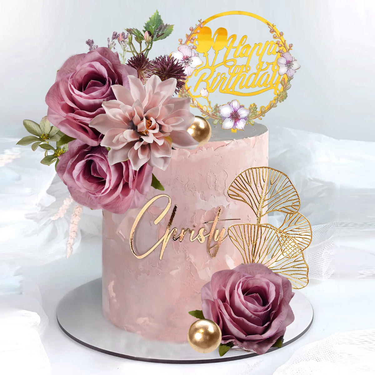 Flower Cake Toppers Happy Birthday Cake Toppers with Artificial Purple Rose Flowers Eucalyptu