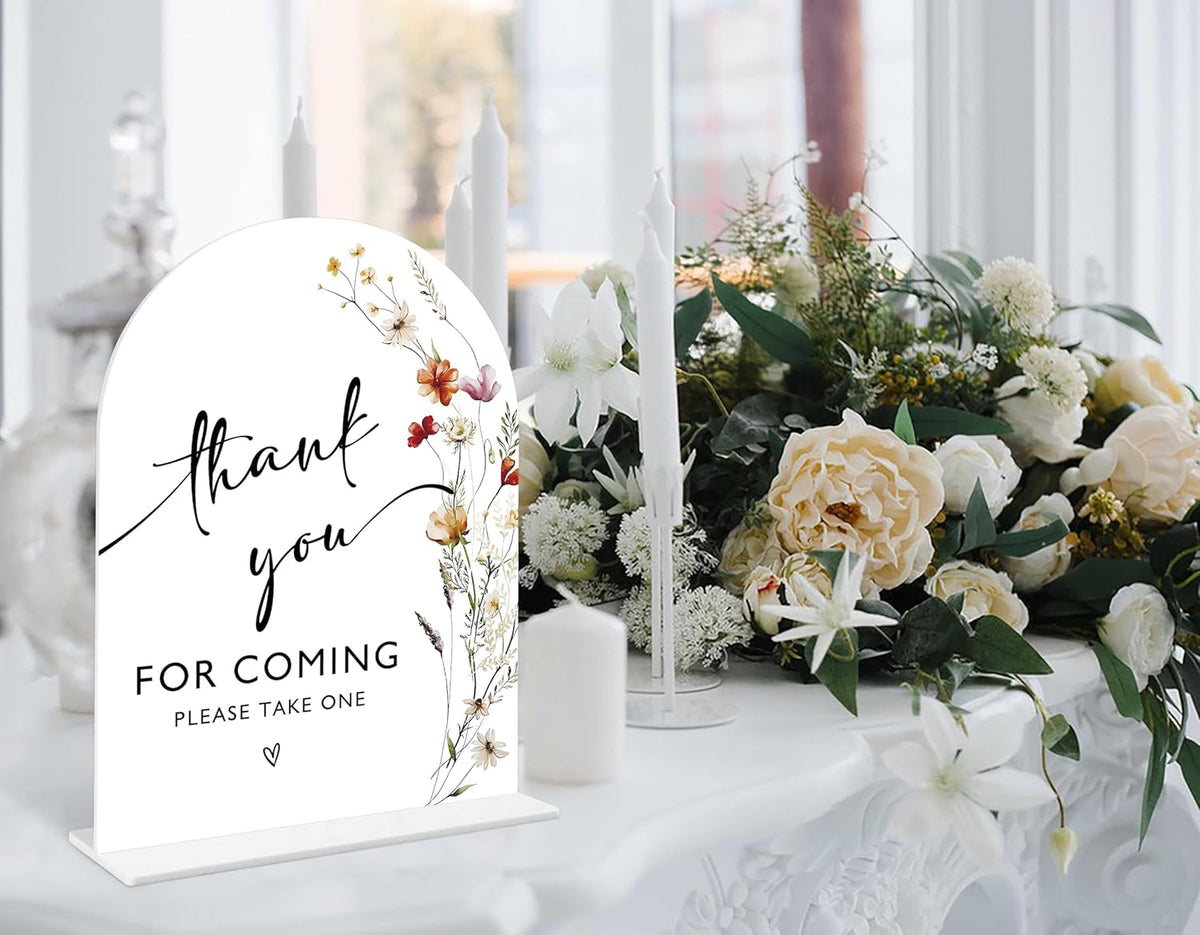 Boho Floral Thank You For Coming Sign, 6 x 8 Inch White Arch Acrylic Wedding Sign with Holder