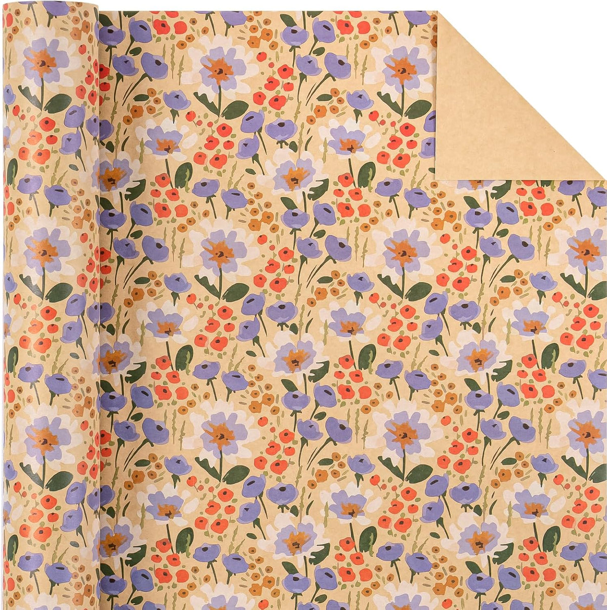 WRAPAHOLIC Kraft Floral Wrapping Paper Roll - Mini Roll - 17 Inch x 9.8 Feet - Watercolor Flower
