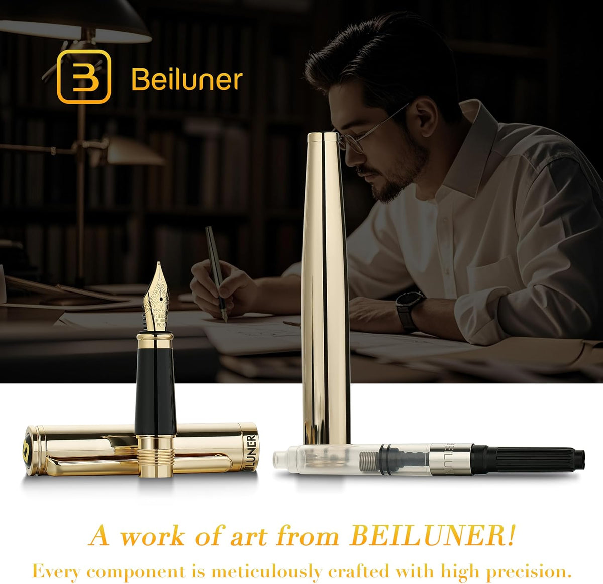 BEILUNER Gold Fountain Pen,Stunning Luxury Pens with 24K Gold Finish, Gorgeous 24K Gilded