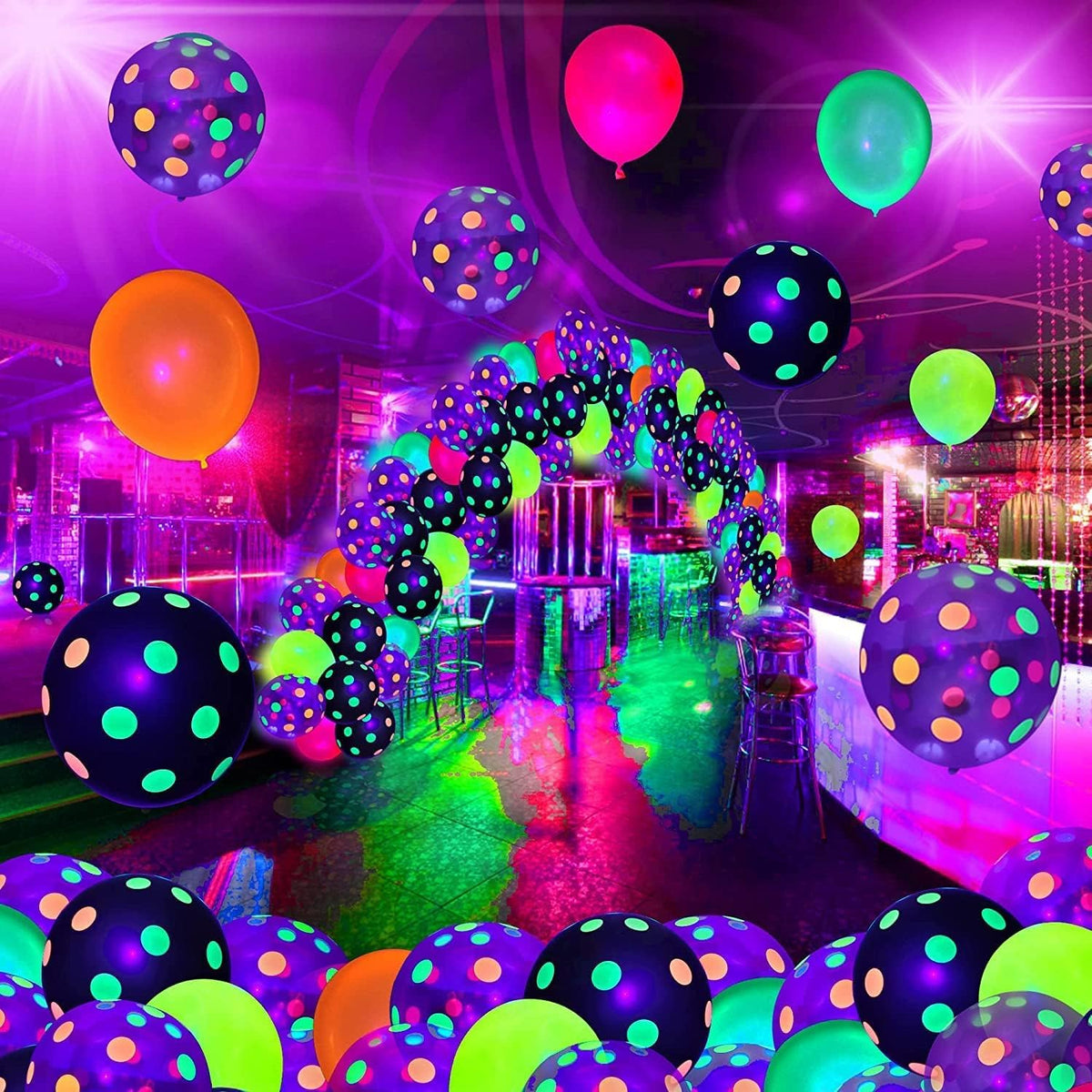 90 Pcs UV Neon Balloons,Neon Polka Dot Glow Party Balloons UV Black Light Balloons Glow in the dark
