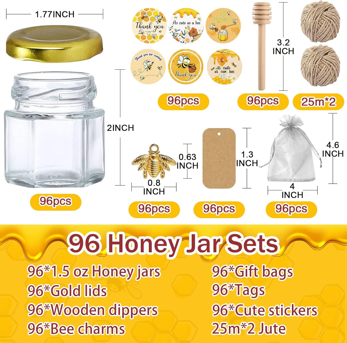 Aliggbent 96 Pack Mini Honey Jars Party Favors in Bulk, 1.5 oz Small Hexagon Glass Honey Jars with