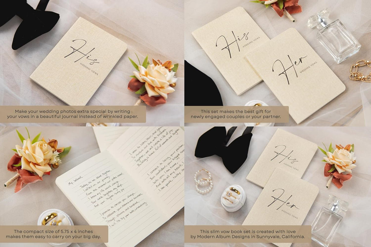 Slim Vow Books (Set of 2 - Design 4) - Soft Cream Canvas Linen Textured Cover Wedding Vow Booklets