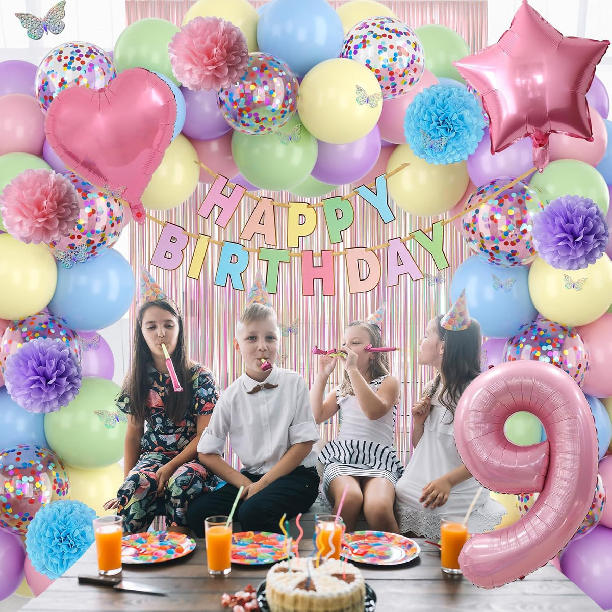 Pastel 9th Birthday Party Decorations for Girls Number 9 Balloon Happy Birthday Banner Butterfly