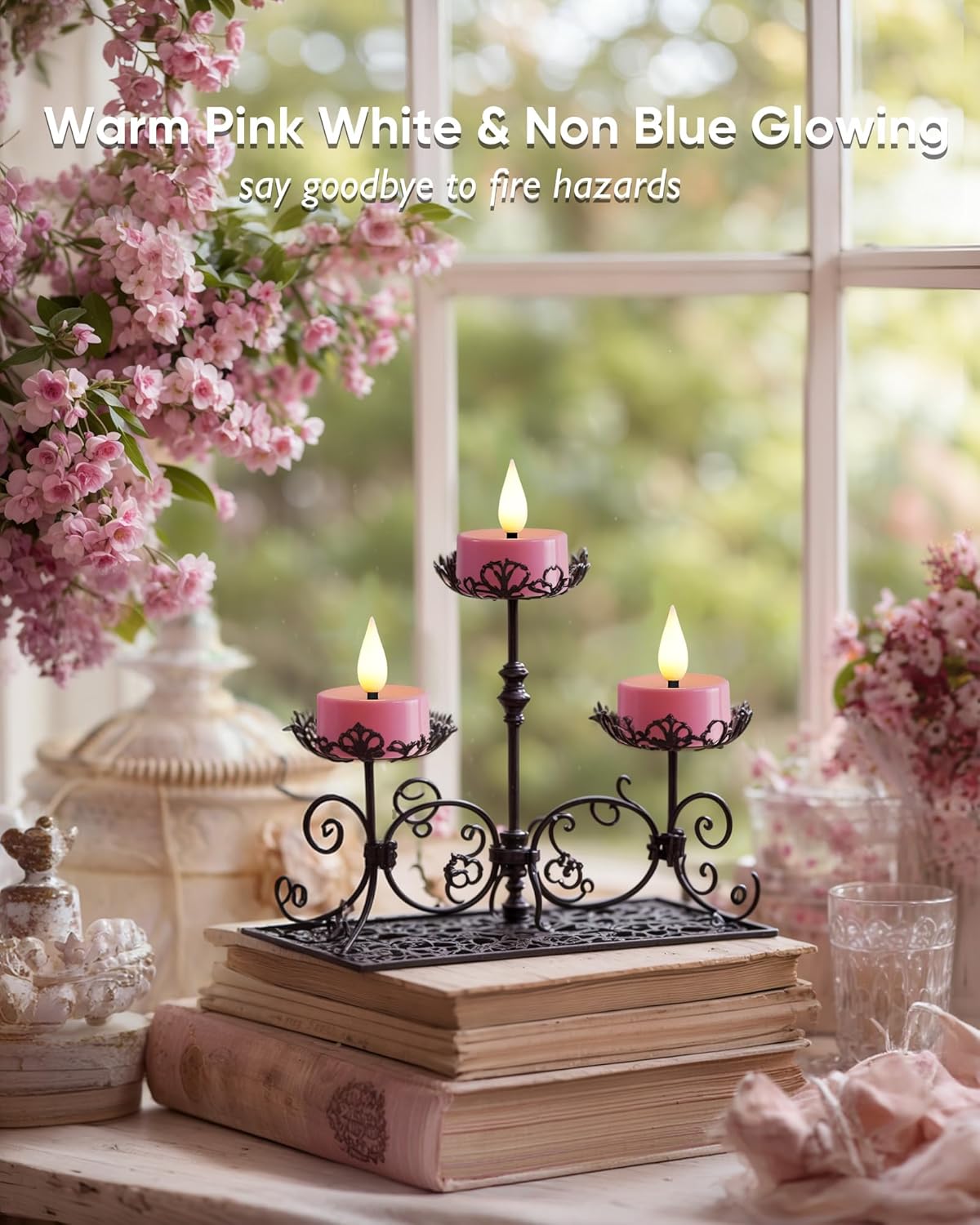 Amagic Flameless Pink Timer Remote Tealights Candles, 3D Black Wick Flickering Tea Light, 400+Hour
