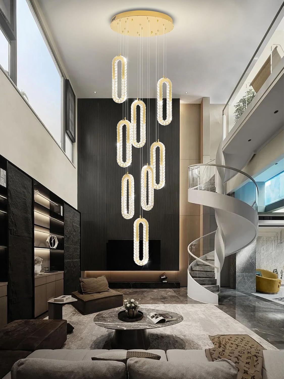 8 Rings Crystal Chandelier,H118 Modern Gold Pendant Light Luxury Foyer Lighting Fixture High