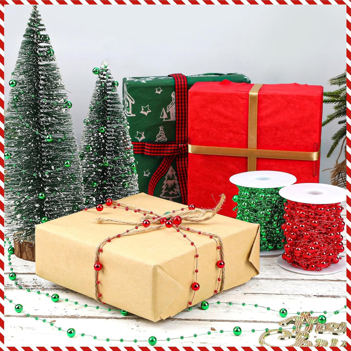 JULBEAR Beads Garland Decoration, 1Rolls 131Feet Red Christmas Pearl Strands Chain Bead Garland for