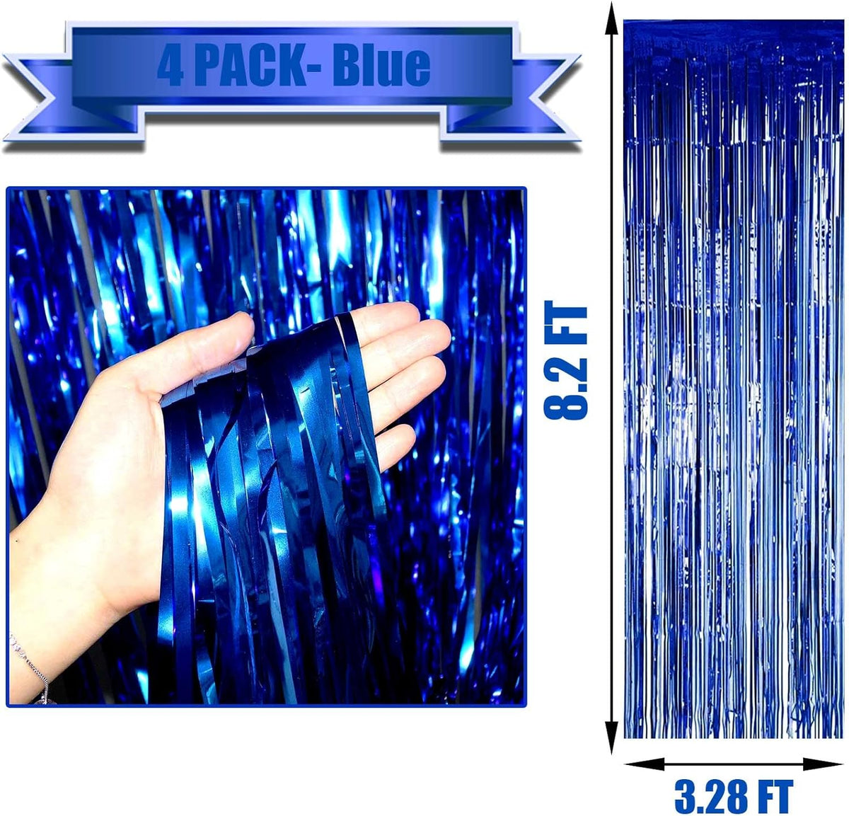 4 Pack Blue Foil Fringe Curtain Backdrop, 3.28Ftx8.2Ft Metallic Tinsel Streamers for Sea Party