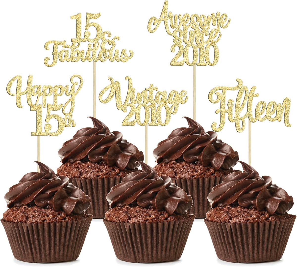 30Pcs Vintage 2010 Cupcake Toppers Glitter Fifteen Happy 15th Birthday 15 Fabulous Cupcake Picks