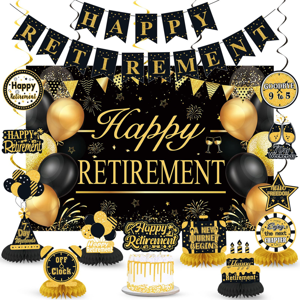 Retirement Party Decorations for Men Women Black Gold Happy Retirement Banner Backdrop Honeycomb