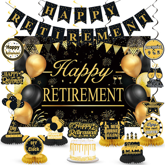 Retirement Party Decorations for Men Women Black Gold Happy Retirement Banner Backdrop Honeycomb