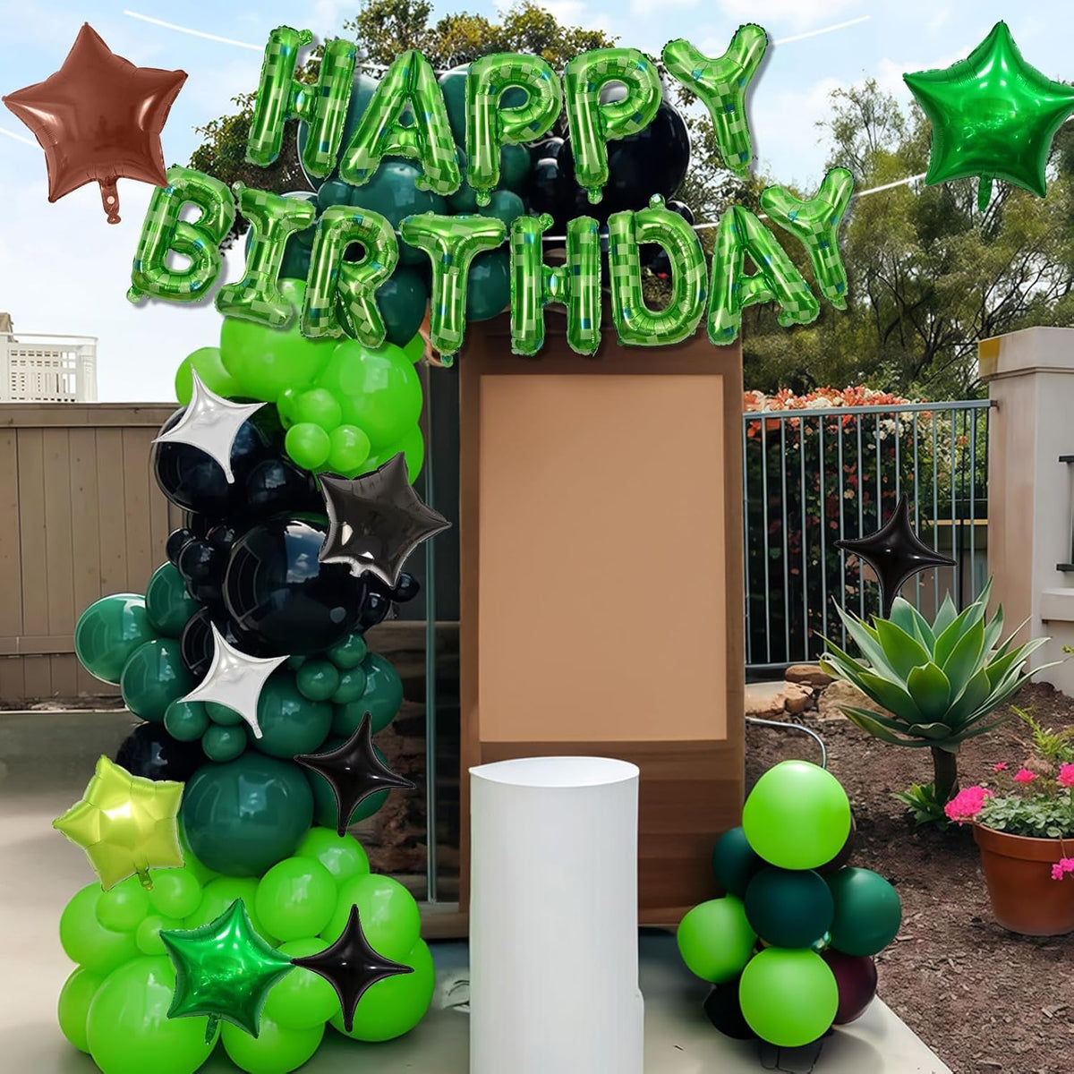 Pixel Happy Birthday Balloon Banner, 16 Inch Pixel Green Foil Letter Balloons with 9 Pcs Star Foil