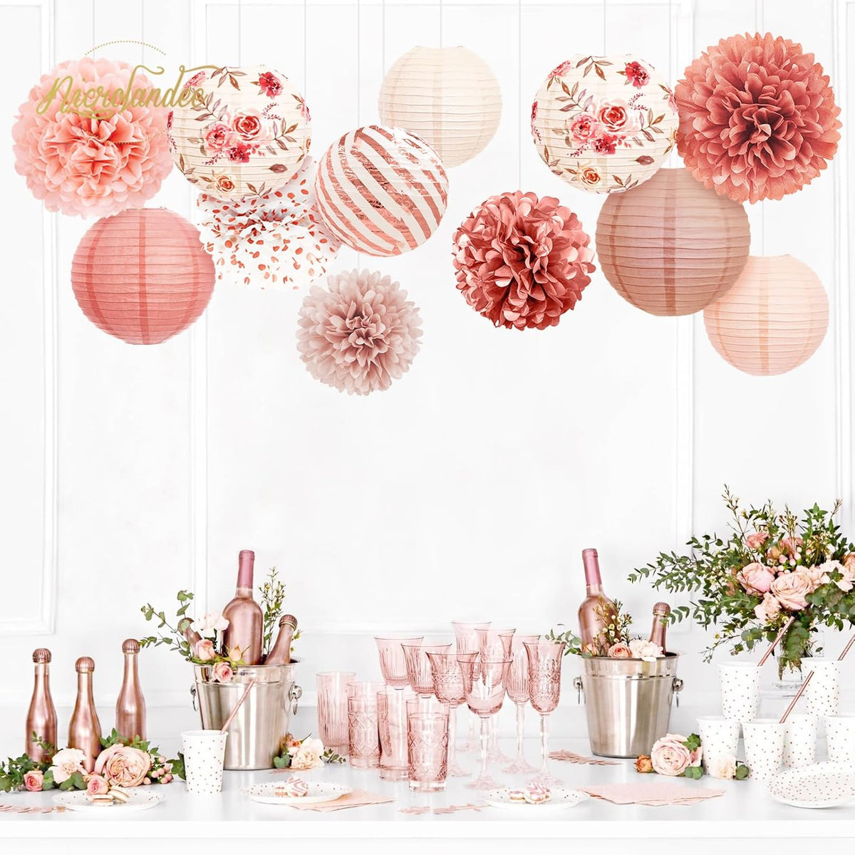 NICROLANDEE Wedding Party Decorations, 12 PCS Rose Pink Floral Paper Lanterns Tissue Pom Poms