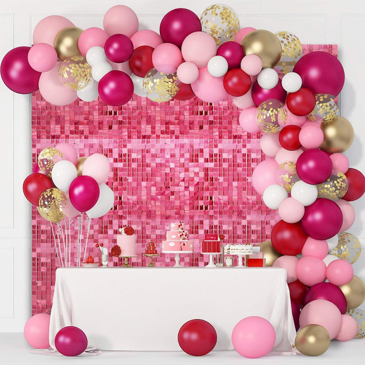 24PCS Deep Pink Shimmer Wall Backdrop, Laser Square Sequin Photo Backdrops Panel, Glitter Wall