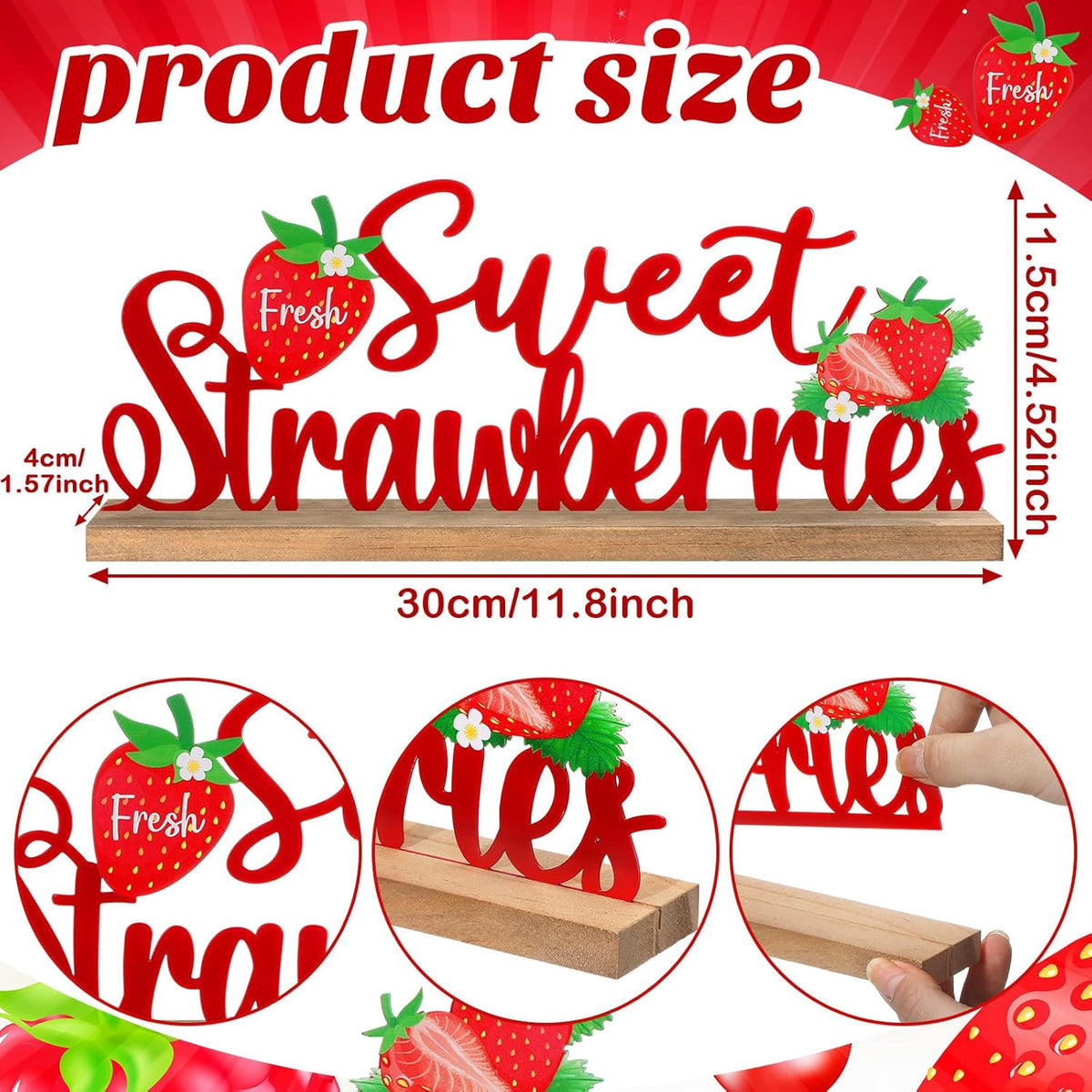 Fresh Sweet Strawberries Metal Sign Rustic Table Decor Summer Tiered Tray Decor with Wooden Base