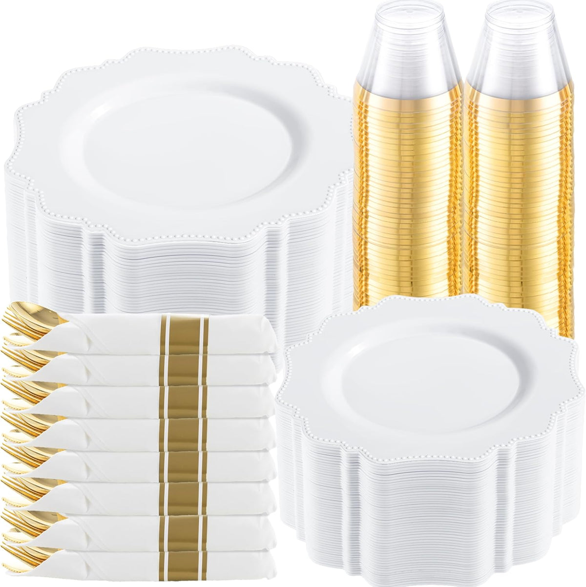 COLOSUS 350pcs White Plastic Plates Disposable Gold Cutlery Dinnerware set for party: 50 Dinner