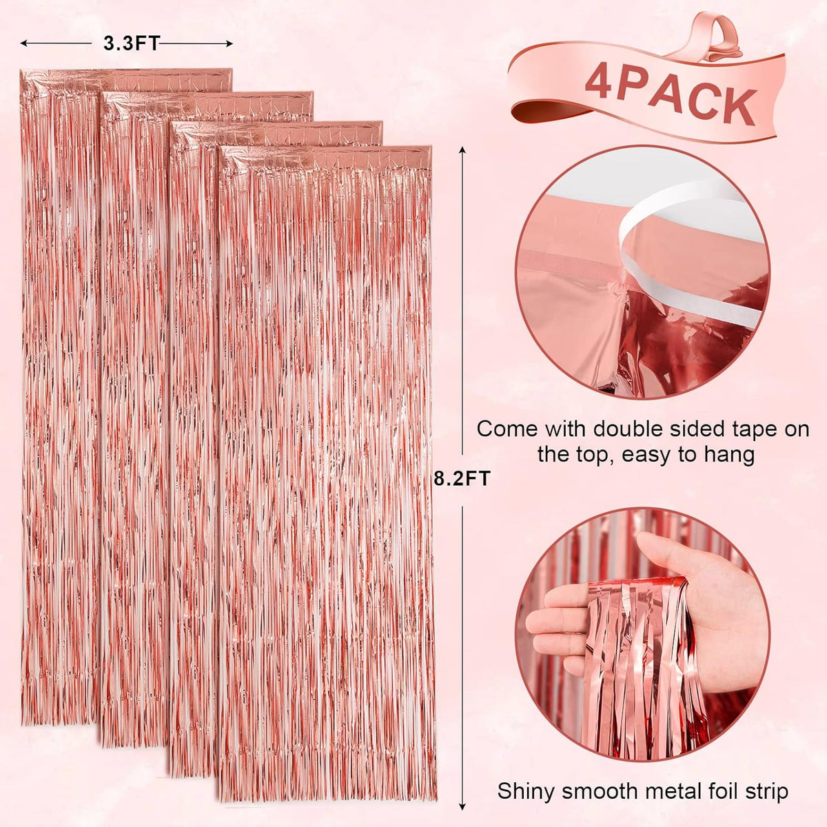 4 Pack Rose Gold Foil Fringe Backdrop Curtains, Tinsel Streamers Birthday Party Decorations, Fringe