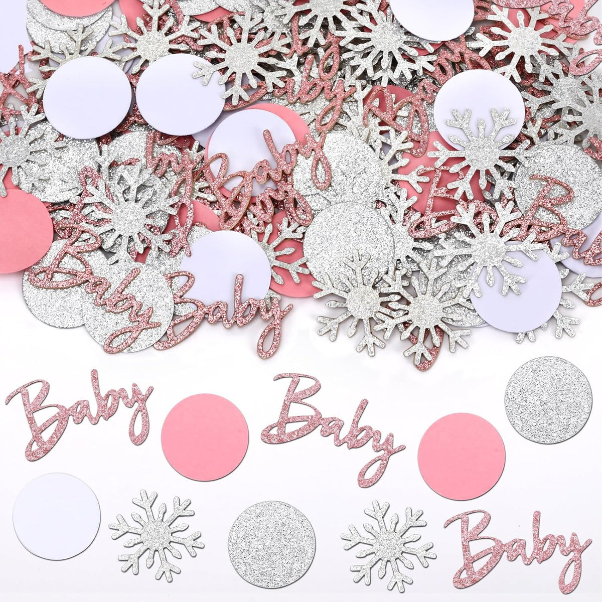 MARFOREVER Winter Baby Shower Table Confetti, 200 Pcs Glitter Pink Silver Snowflake Table