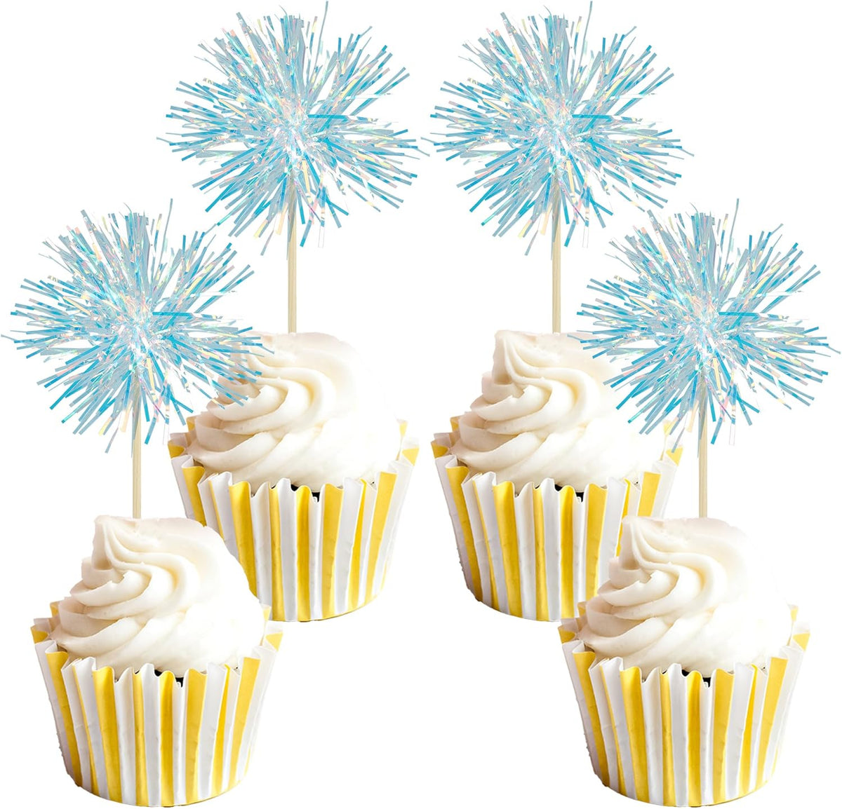 Gyufise 30Pcs Foil Firework Cupcake Toppers Sparkle Tinsel Cake Toppers Tinsel Drink Cake