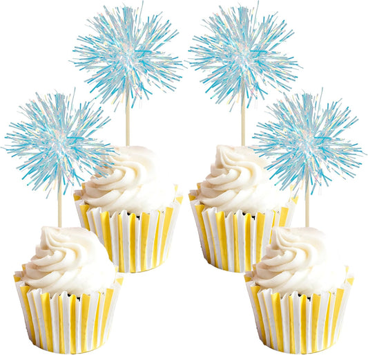 Gyufise 30Pcs Foil Firework Cupcake Toppers Sparkle Tinsel Cake Toppers Tinsel Drink Cake