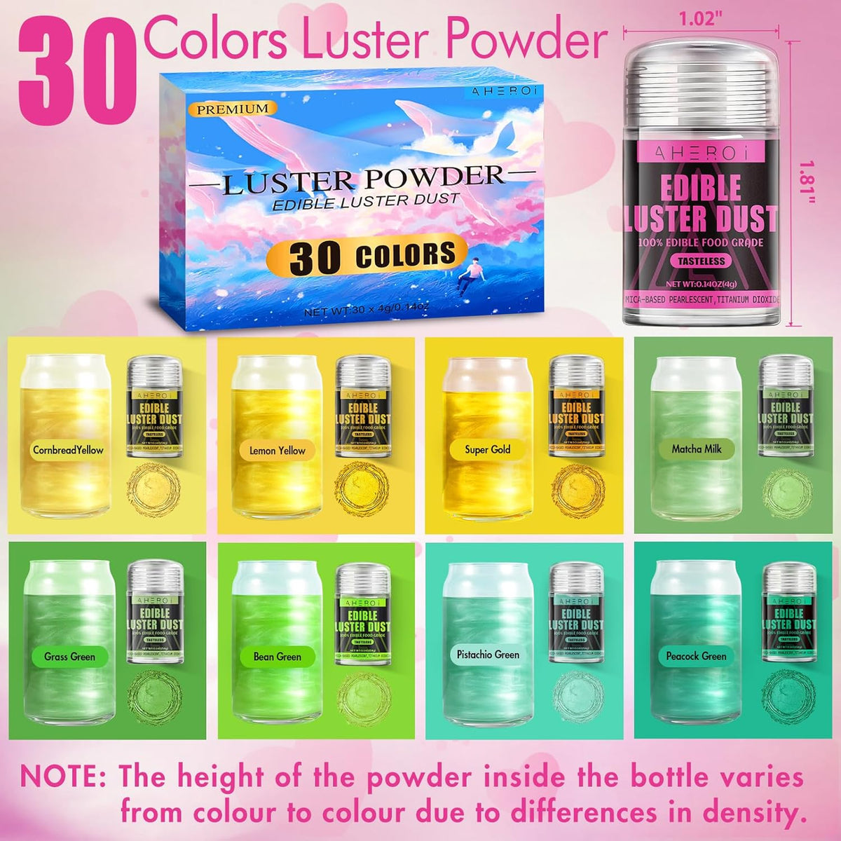 Aheroi Edible Glitter, 30 Colors Luster Dust Edible Glitter Pack for Drinks, Food Glitter Edible