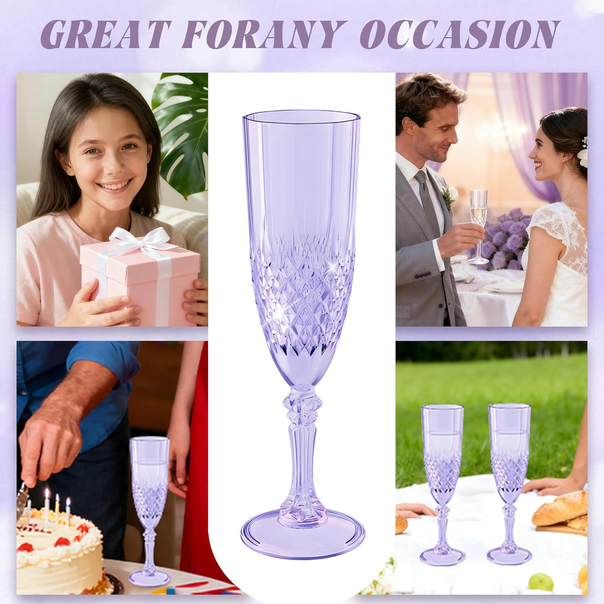 Plastic Champagne Flutes, 12PCS Purple Wine Glasses Goblets Cups Reusable Flute, for Weddings