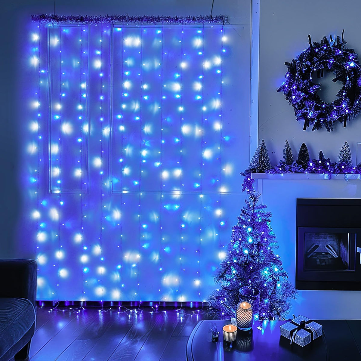 JMEXSUSS 300LED Christmas Curtain Lights Plug in with Remote, Blue and White Christmas Lights