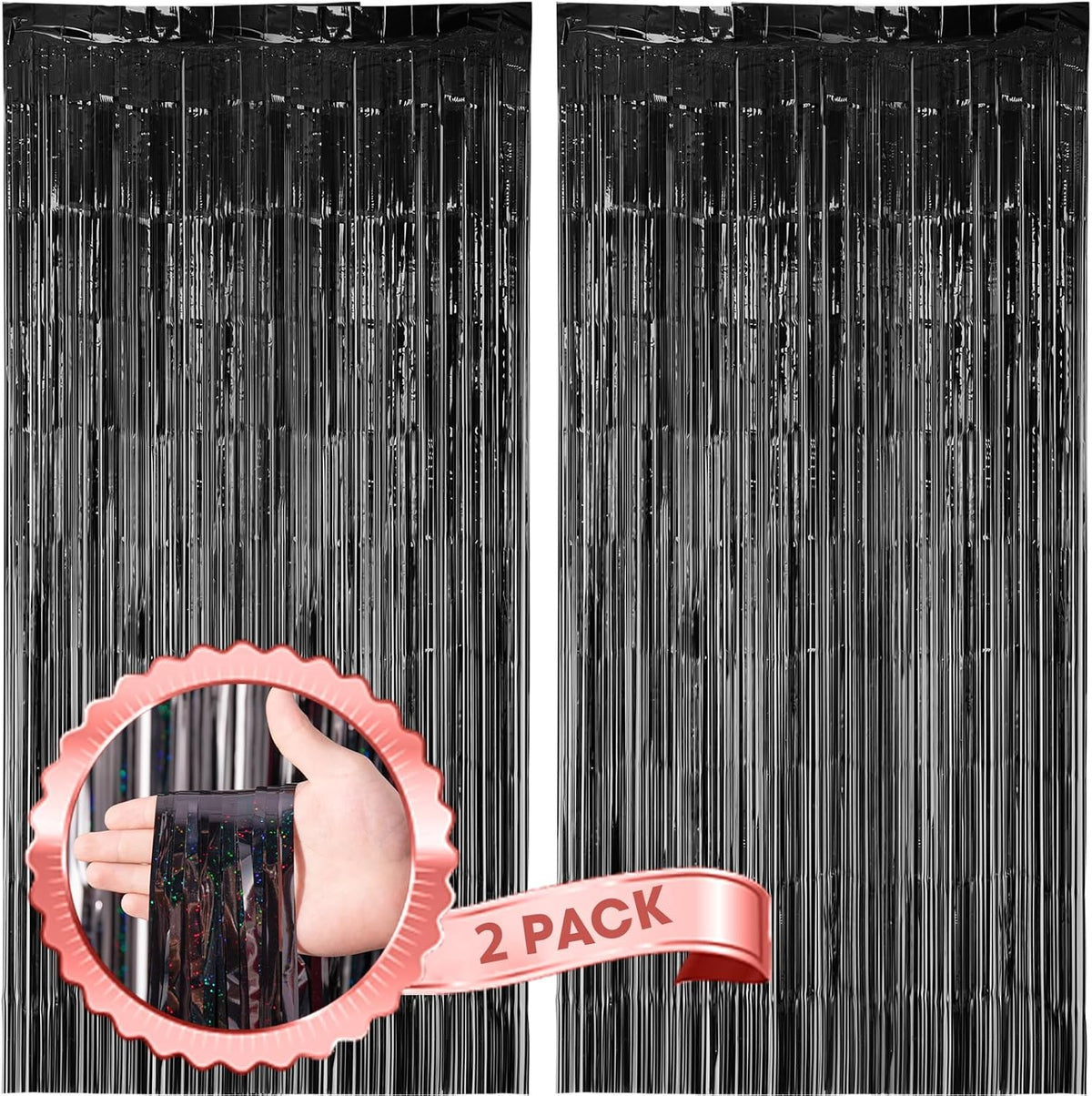 2 Pack Laser Black Foil Fringe Backdrop Curtains, Tinsel Streamers Birthday Party Decorations